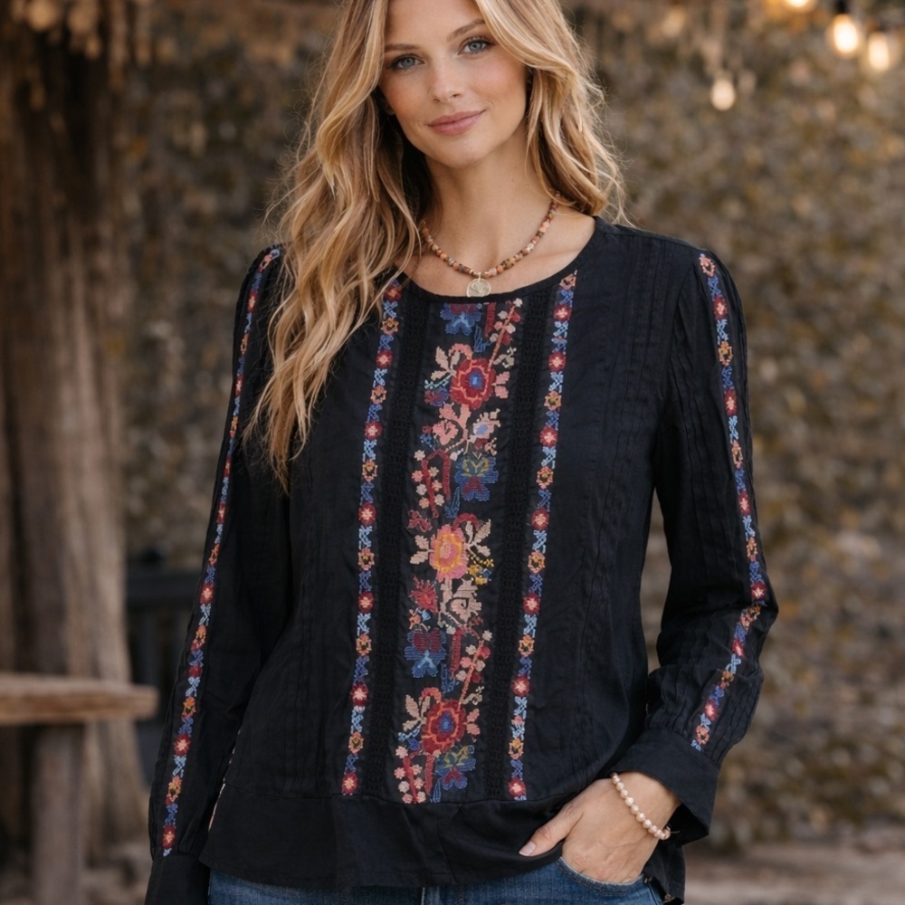 Love Sam Black Embroidered Boho Blouse XS - Picture 7 of 7